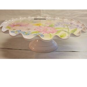 Tahari Home Cake Stand Floral Flowers Spring Melamine Scalloped Edges Watercolor